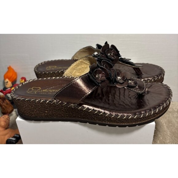 Glamourella Vera Pella Sandles Womens Floral Brown Wedge Leather Size 37 US 6.5 - Picture 5 of 10
